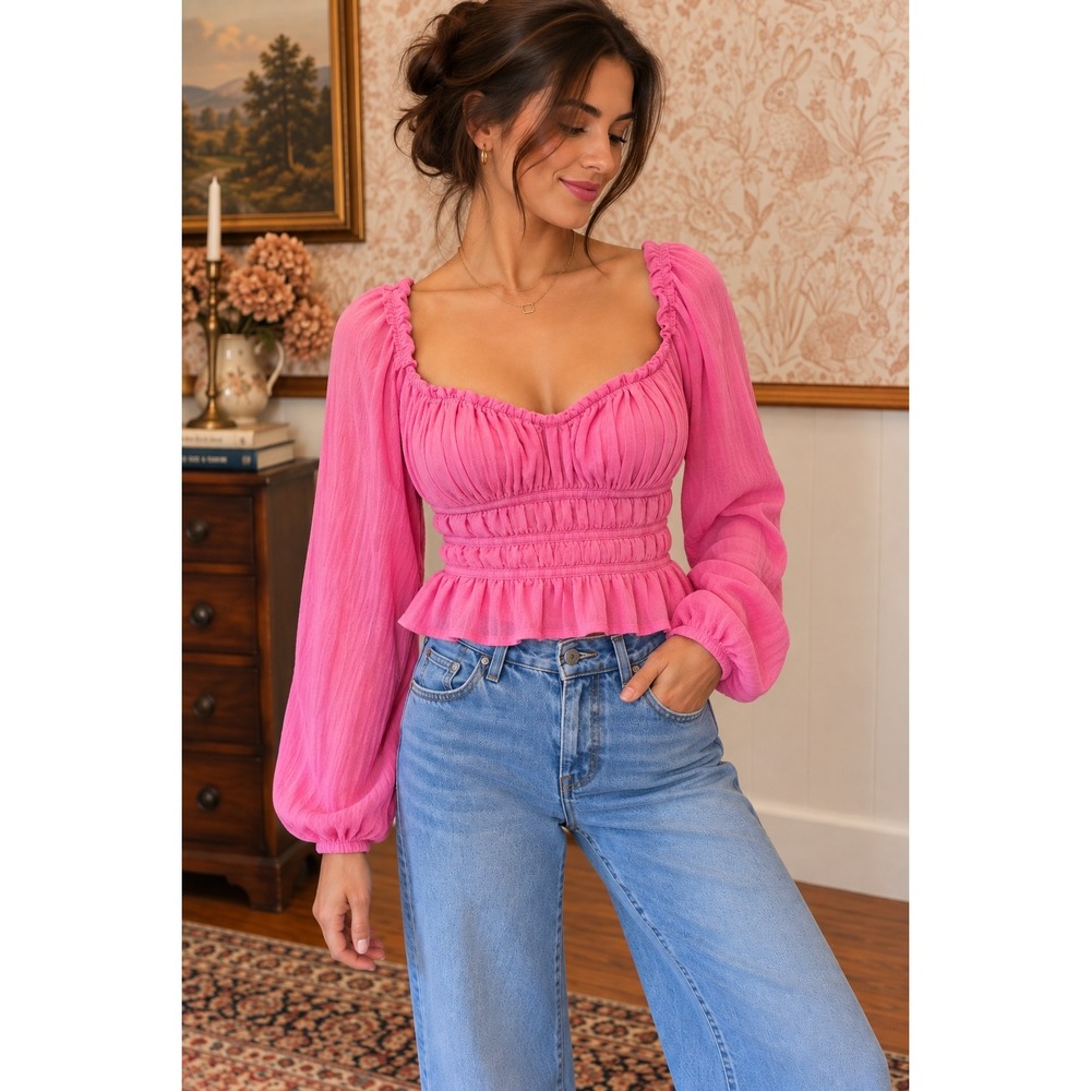 Free People Pink Smocked Long Sleeve Peplum Top